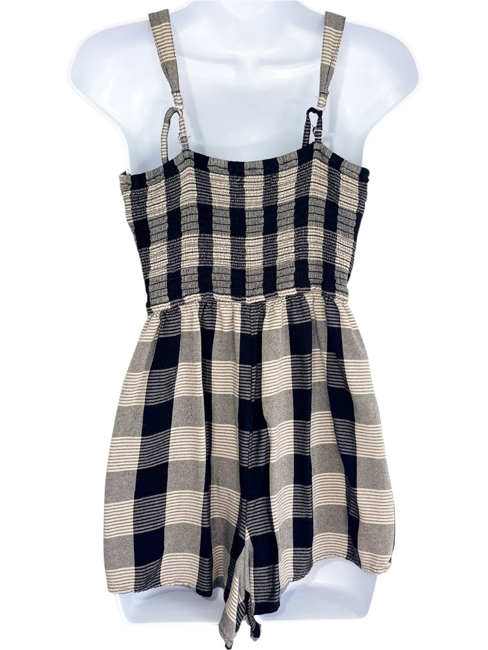 HOLLISTER Black White Plaid Romper Medium Smocked Button Front Sleeveless Y2K - Picture 3 of 9
